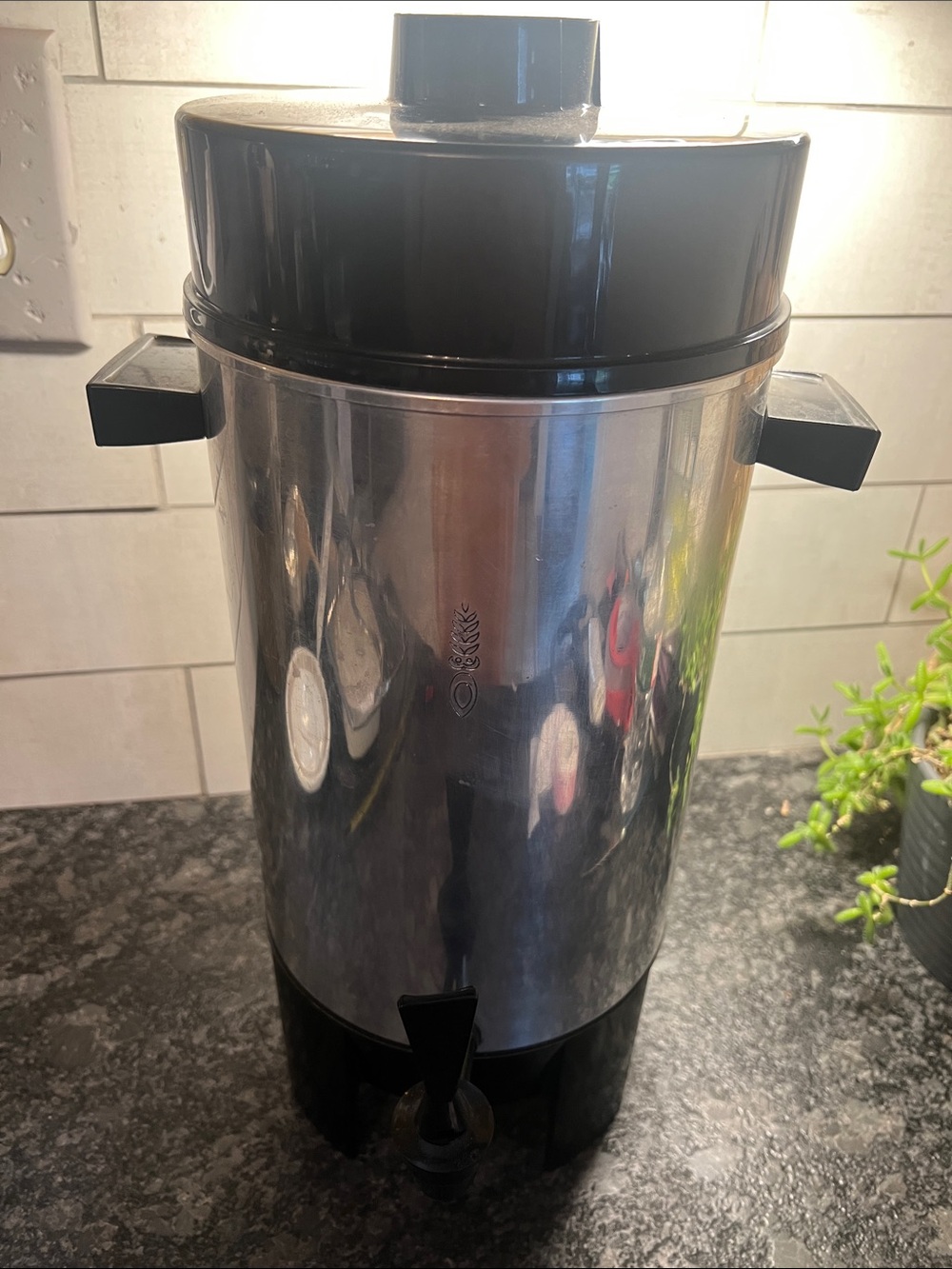 36 cup Regal Stainless Steel Coffee Percolator urn. Black Lid and Base. Tested!!